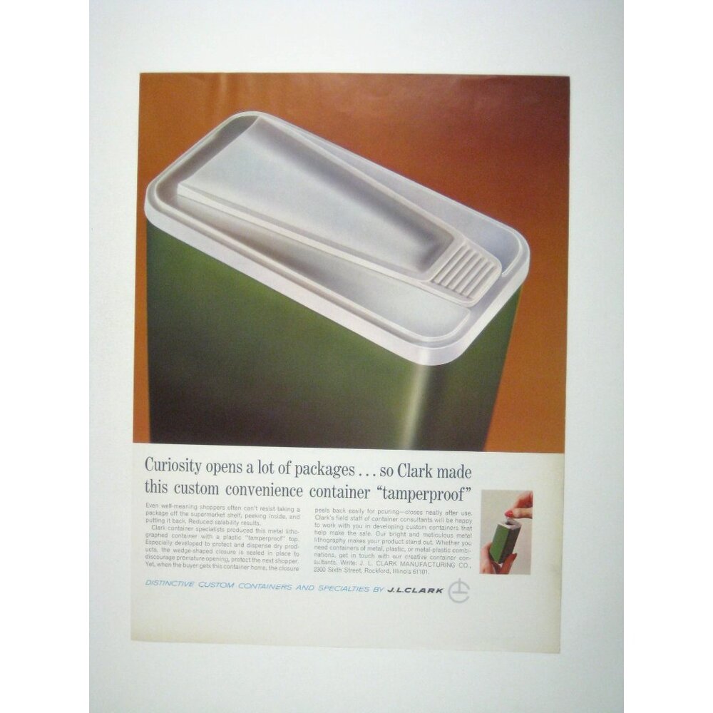 Curiosity Stops  JL Clark Green Container Tamperproof 1967 Vintage Print AD